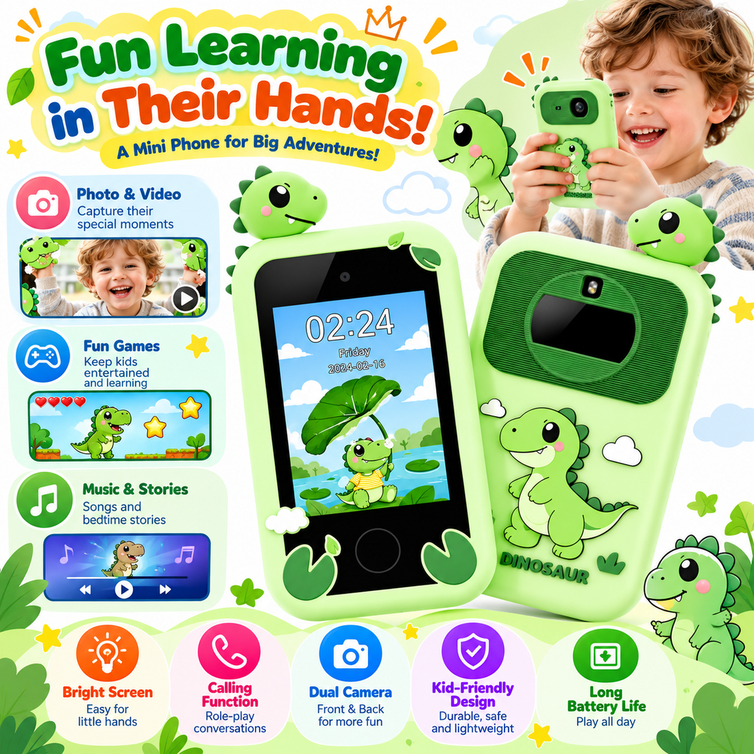 Kids camera phone with a large screen and portable phone-style design.