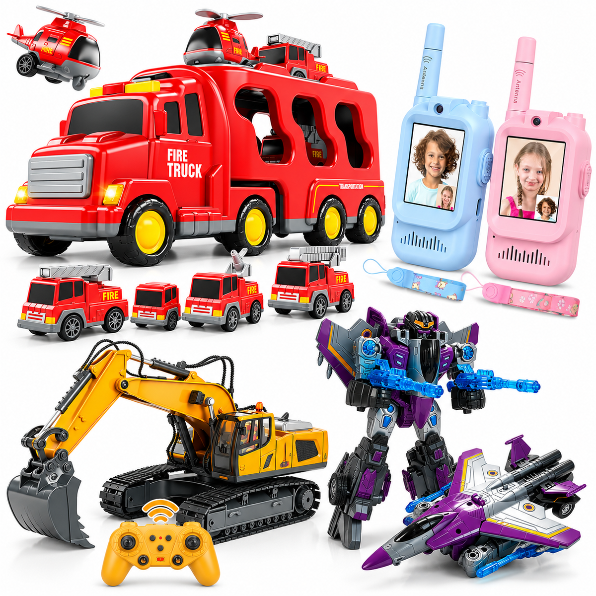 Kids vehicle adventure bundle with fire truck walkie talkies excavator and transforming robot car