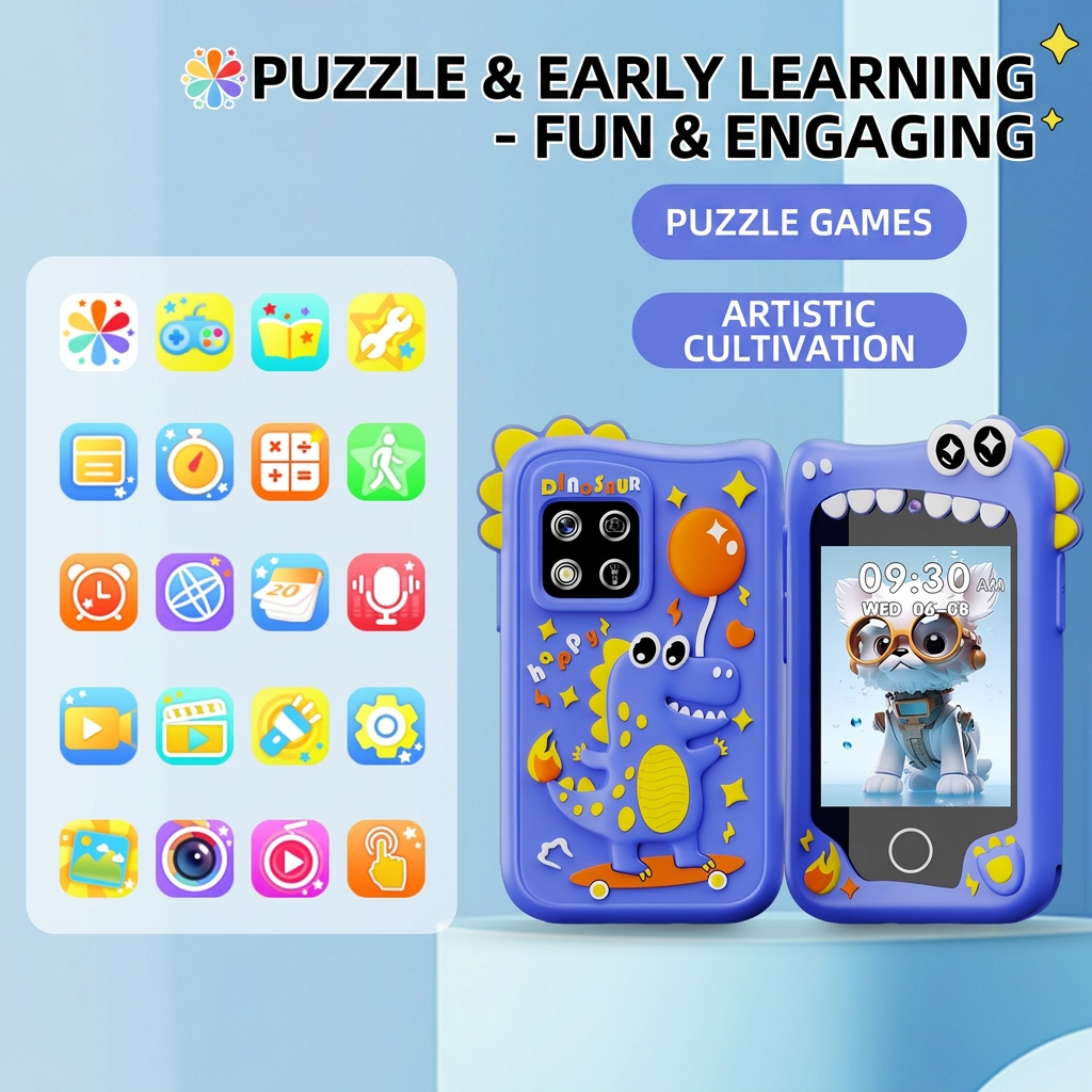 Kids digital camera featuring a playful dinosaur-themed exterior and portable design.