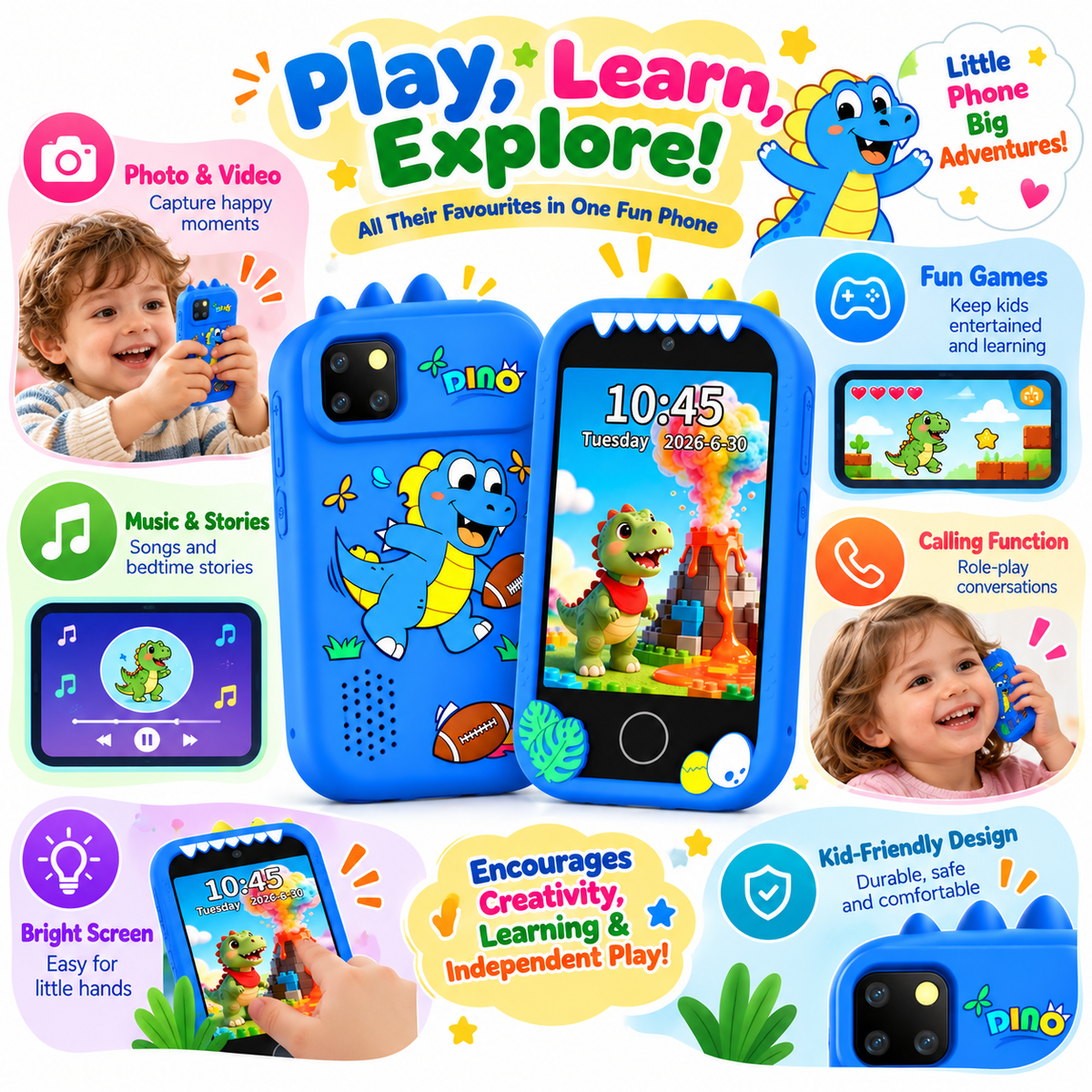 Kids digital camera toy with a photo capture feature for everyday photography activities.