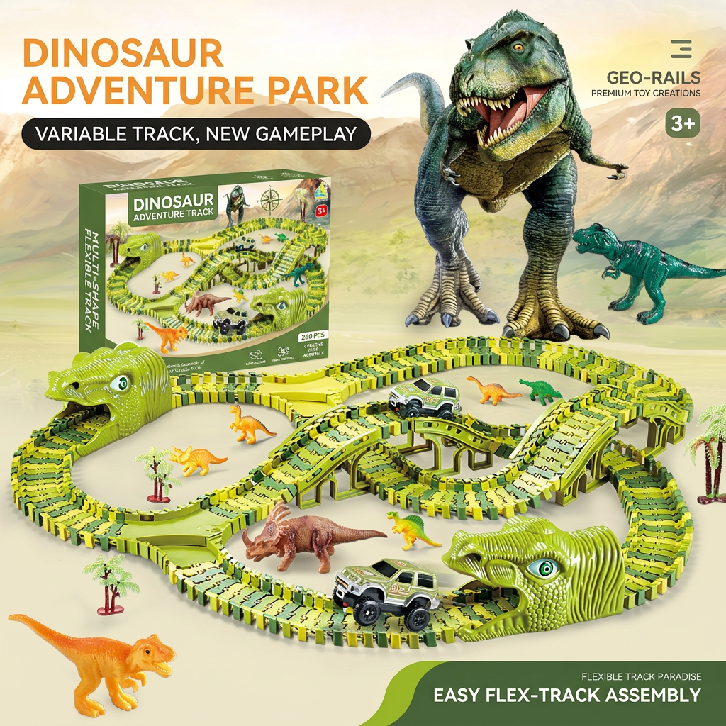 kids DIY dinosaur track assembly toy with flexible rail system