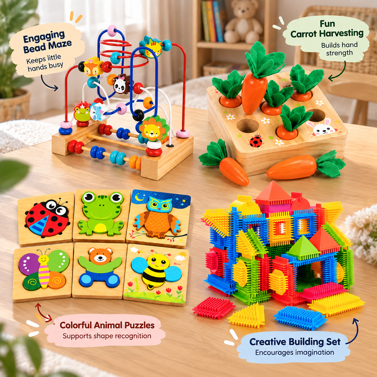 Four colorful kids activity toys arranged together for hands-on indoor play