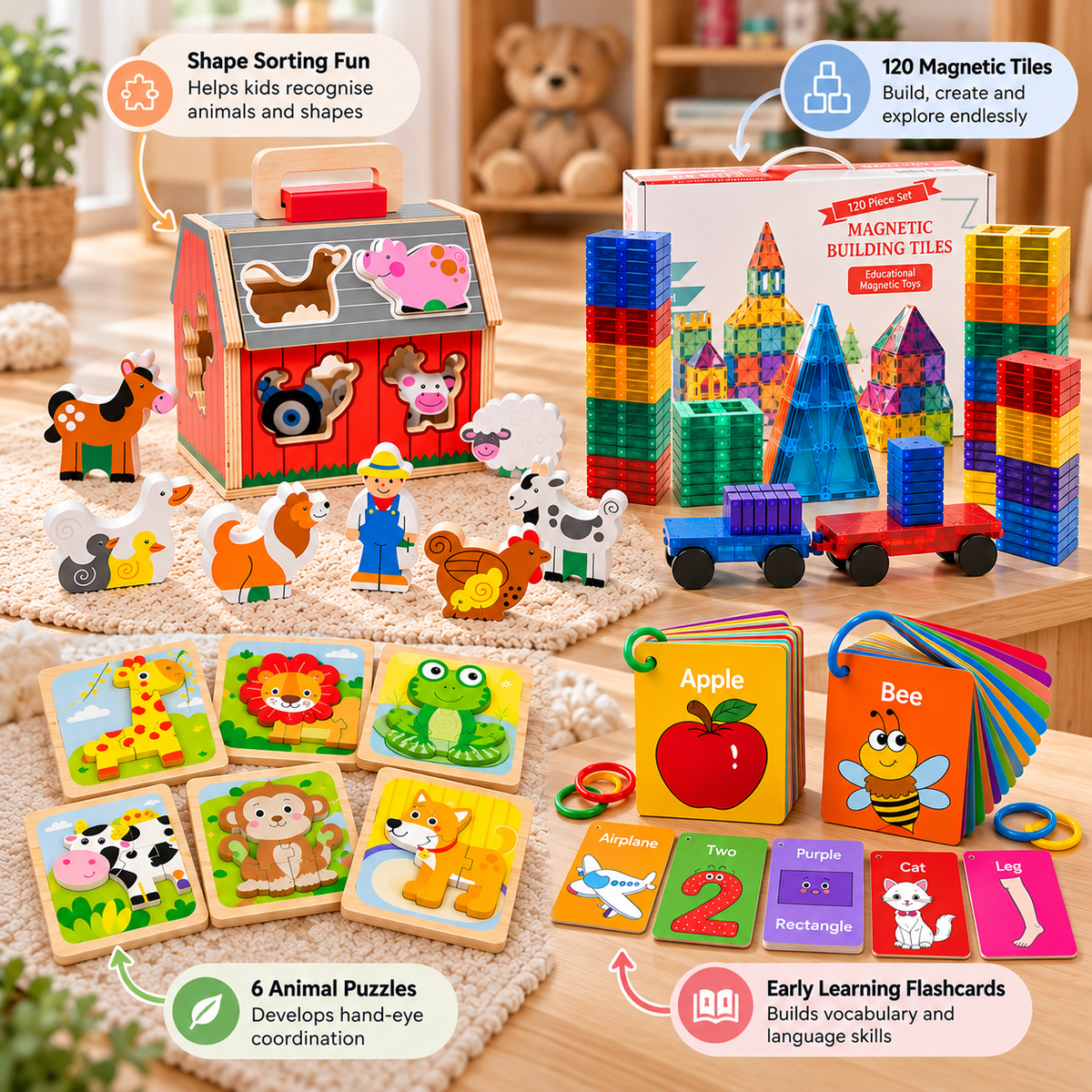 Kids learning toy collection with four hands-on play activities