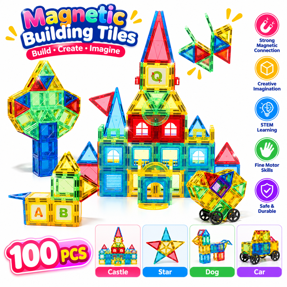 Kids magnetic shape building pieces displayed for construction activities.