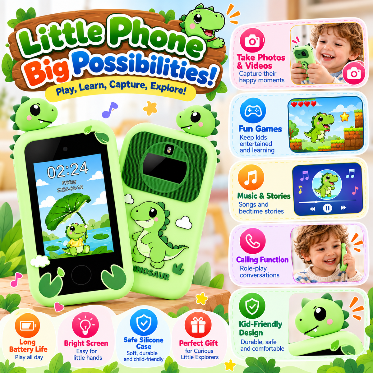 Kids phone digital camera displaying its photography function for taking pictures.