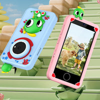 Close-up of the touchscreen display on an interactive electronic toy phone for children.