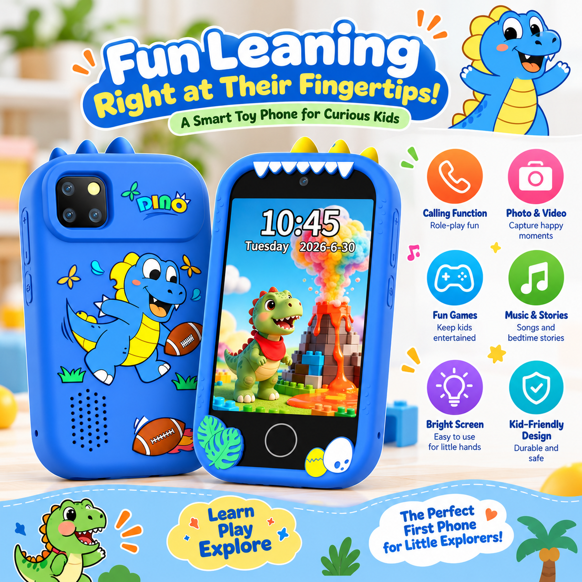Kids phone with video recording function for capturing short videos during playtime.