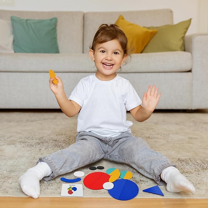 Kids playing pattern blocks puzzle educational STEM toy for learning