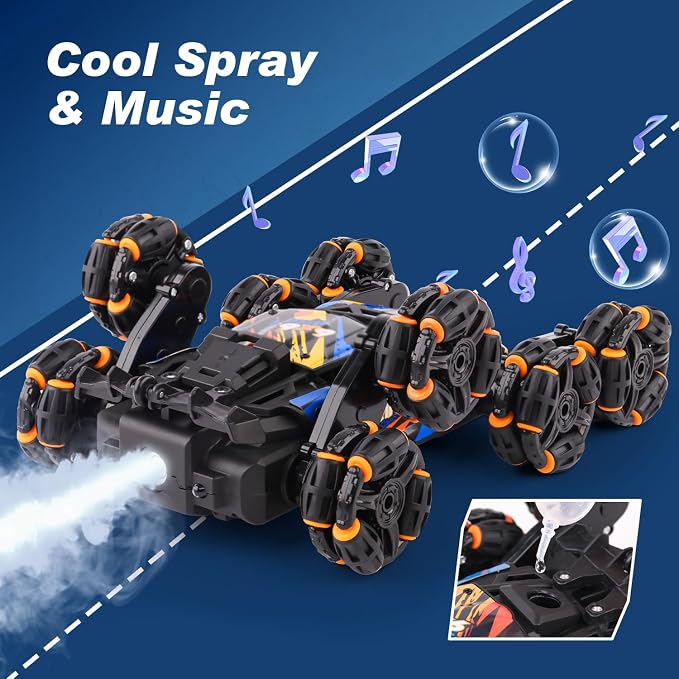 Kids playing with RC stunt car and construction vehicle toys indoors