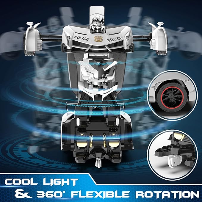 Kids robot transforming car toy with flashing lights and 360° action