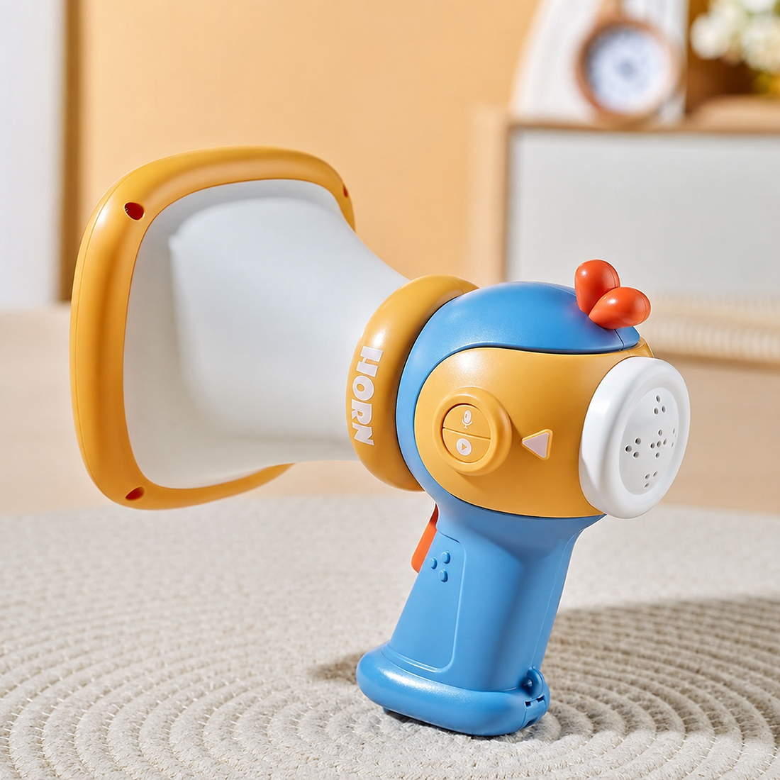 Close-up view of kids singing toy microphone