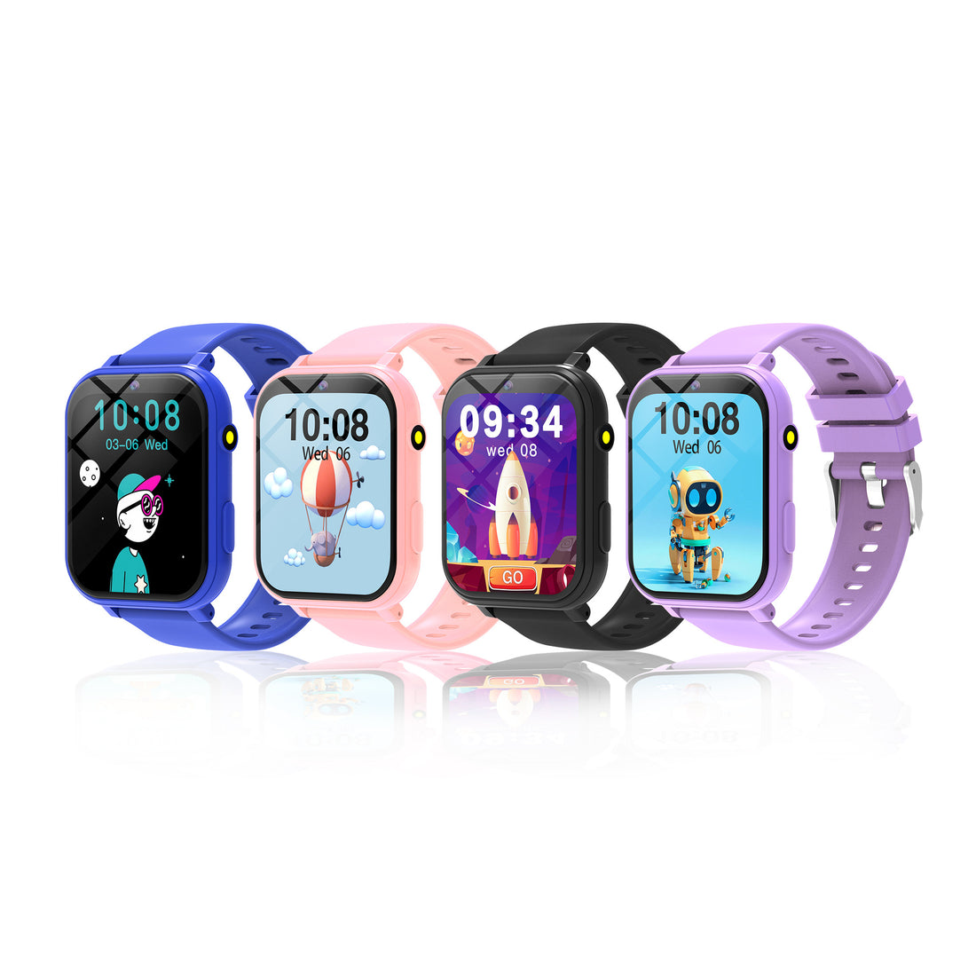 Kids smartwatch showing educational games interface on LED screen