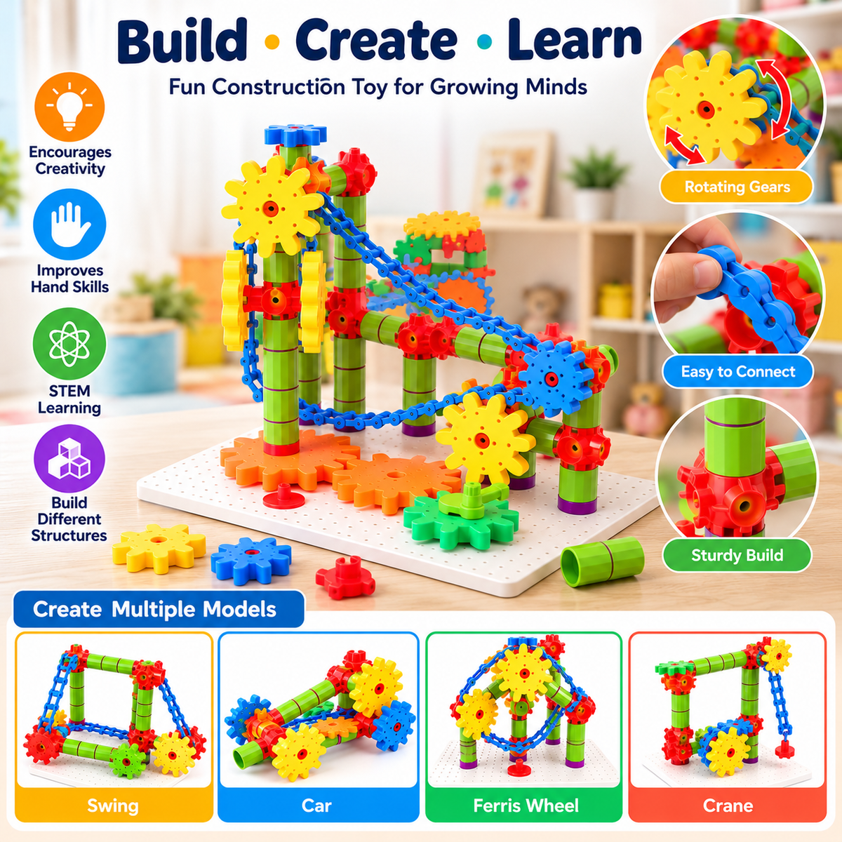 STEM construction toy with colorful gears and interlocking building pieces