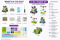 Kids STEM robot toy box contents with building pieces, remote control, battery and instruction guide