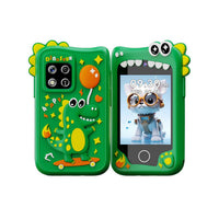 Back view of the dinosaur-themed kids toy camera showing its exterior design.