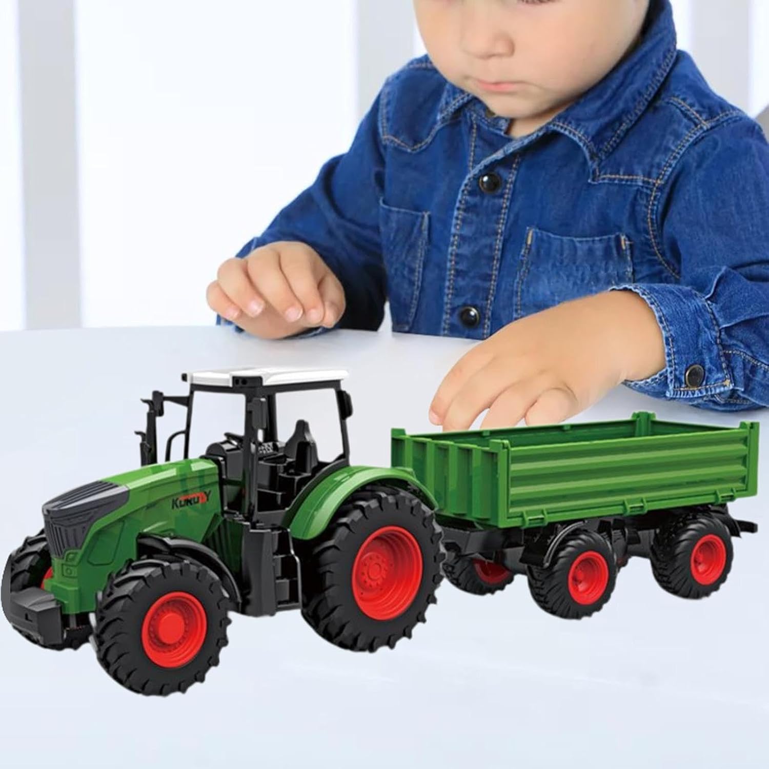 Kids tractor toy with front loader, trailer, and farm vehicle style for indoor play