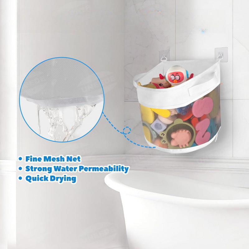 Kids bath toy organizer hanging by hooks on shower rod