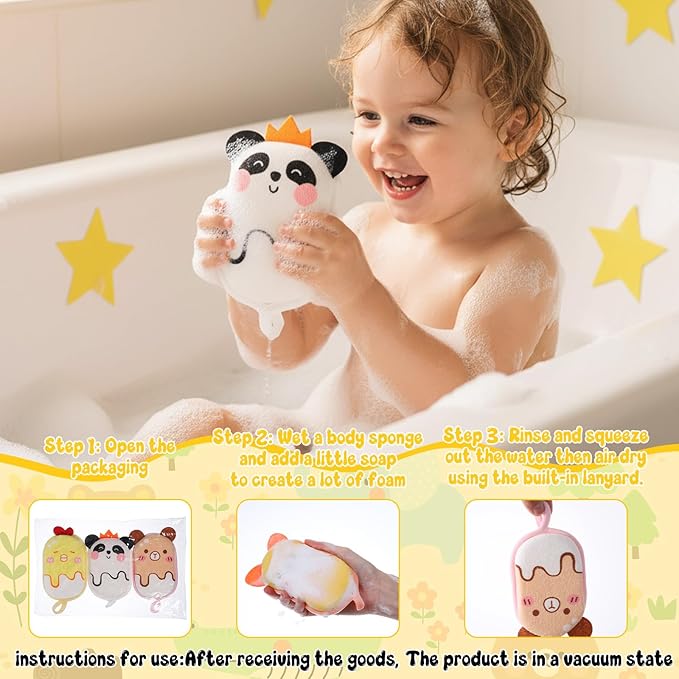 Kids using bath shower sponge for gentle cleansing