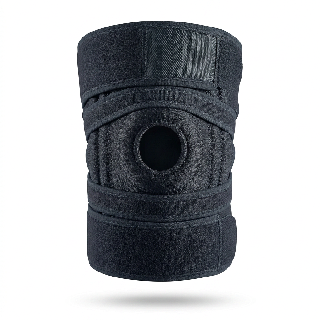 Front view of 4-way adjustable knee brace with dual side stabilizers for ACL, MCL, and arthritis support
