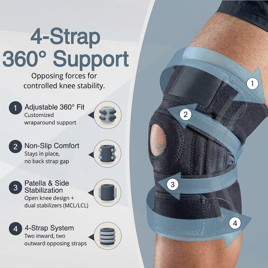 Side view of knee brace showing ergonomic wraparound design and adjustable straps