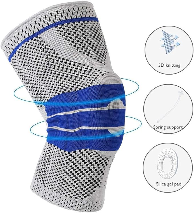 Side view of adjustable hinged knee brace showing silicone gel spring and ergonomic straps for pain relief