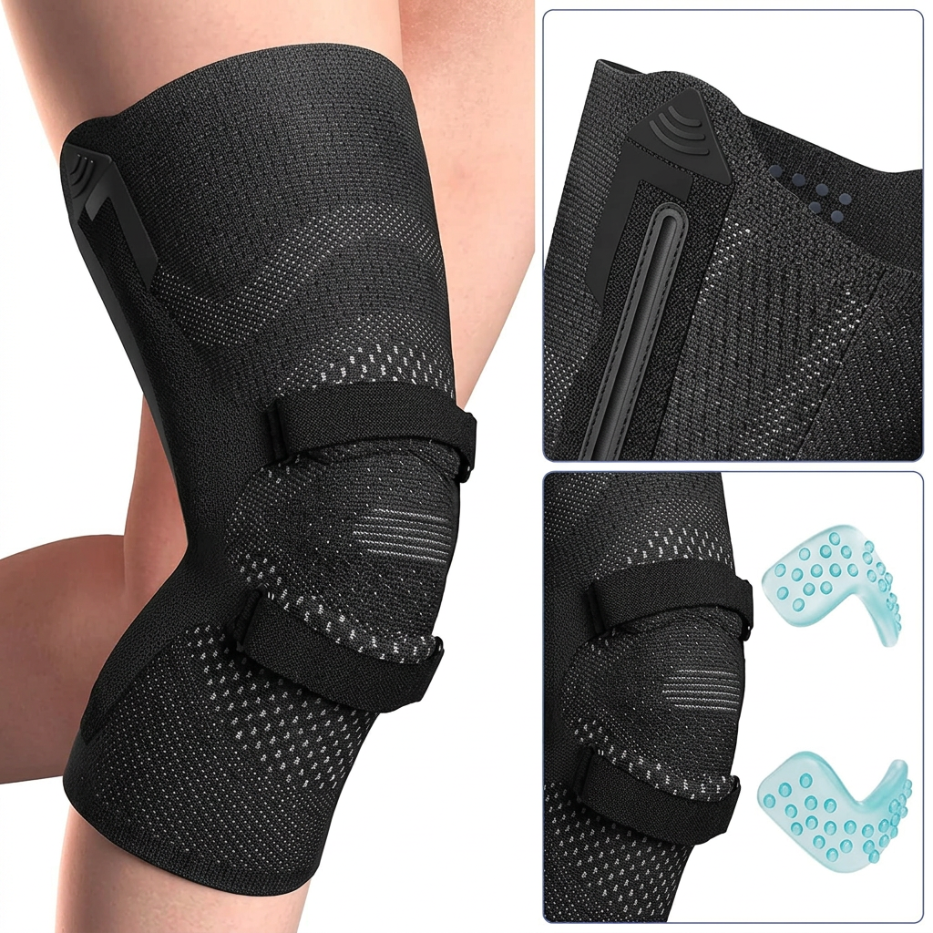 Back view of knee brace with dual side stabilizers and breathable material for joint stability