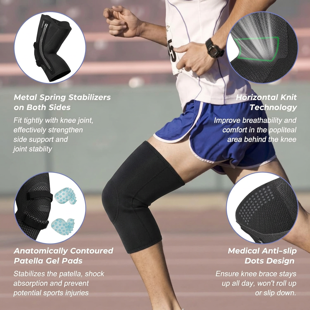 Knee brace worn during running and workouts for pain relief, stability, and ACL/PCL support