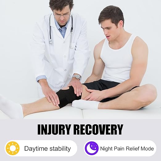 Knee brace worn during hiking providing compression, stability, and pain relief