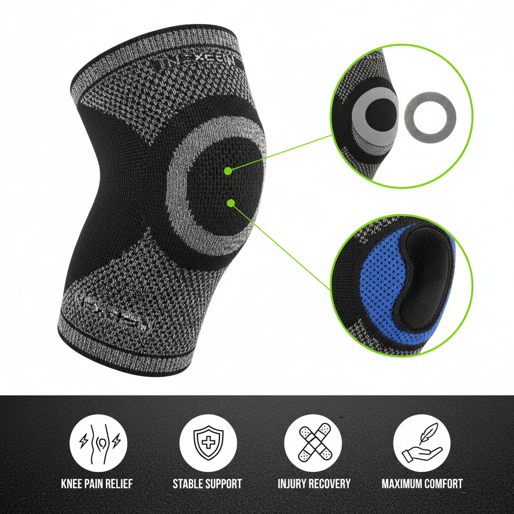Back view highlighting breathable material and ergonomic stabilizer on knee sleeve
