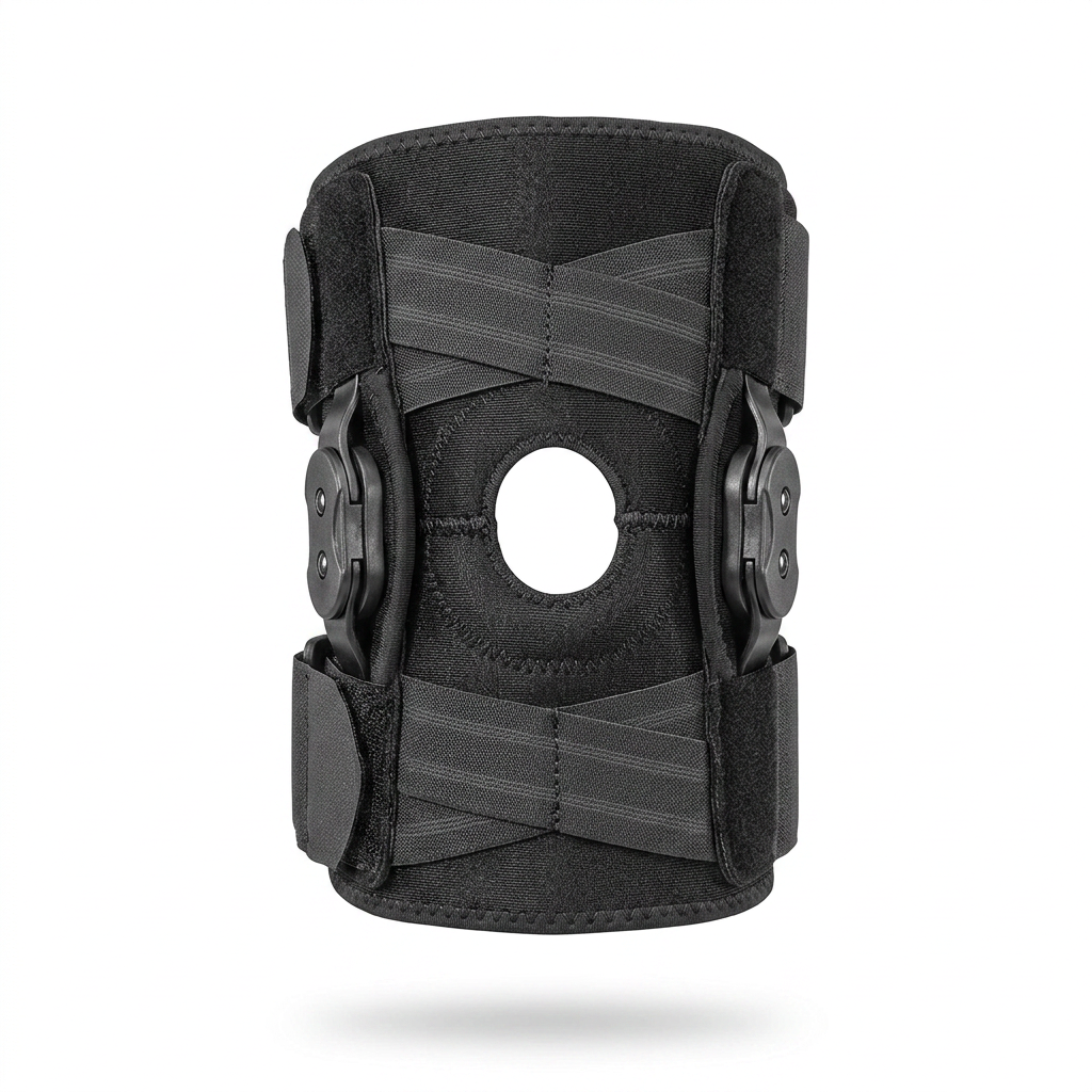 Front view of self-adjusting hinged knee stabilizer for men and women
