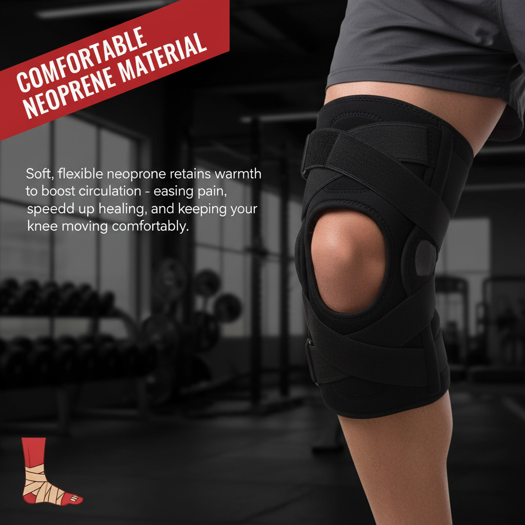 Side view showing ergonomic hinged design of knee stabilizer
