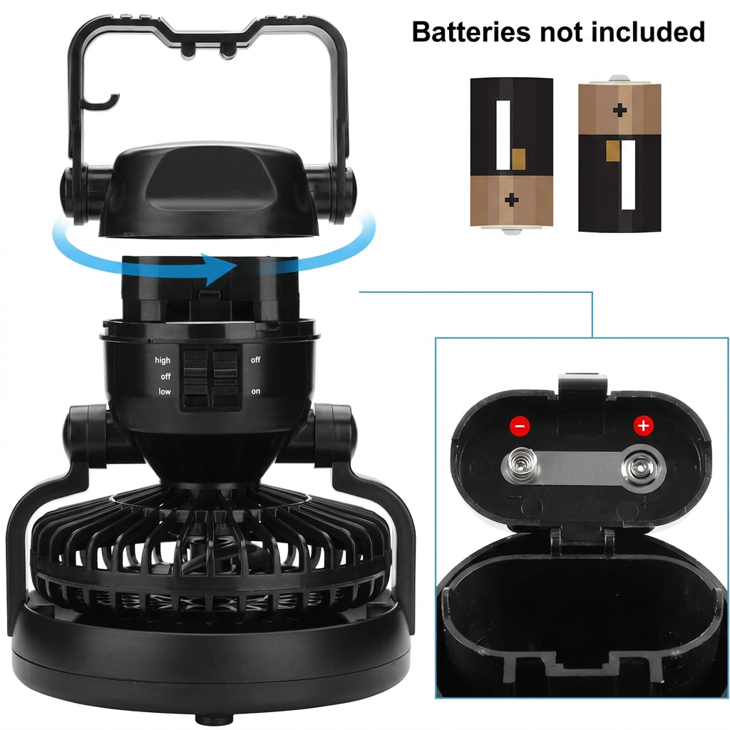   Lantern with built-in ceiling fan for cooling and lighting during camping and hiking