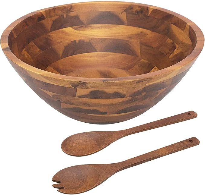 Large acacia wood salad serving bowl set with utensils