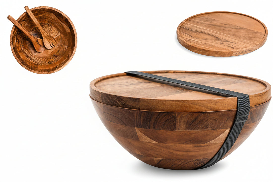 Large acacia wood serving bowl with tray lid and utensils