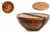 Large acacia wood serving bowl with tray lid and utensils