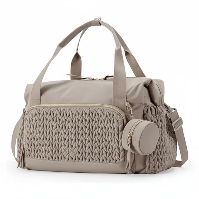 Large neutral baby diaper bag with spacious storage and shoulder strap