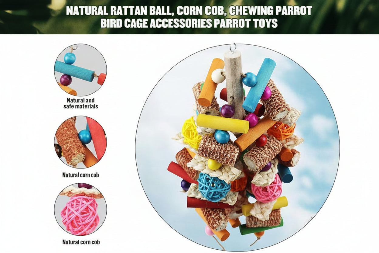 Cage activity toy for large birds made from corn stick