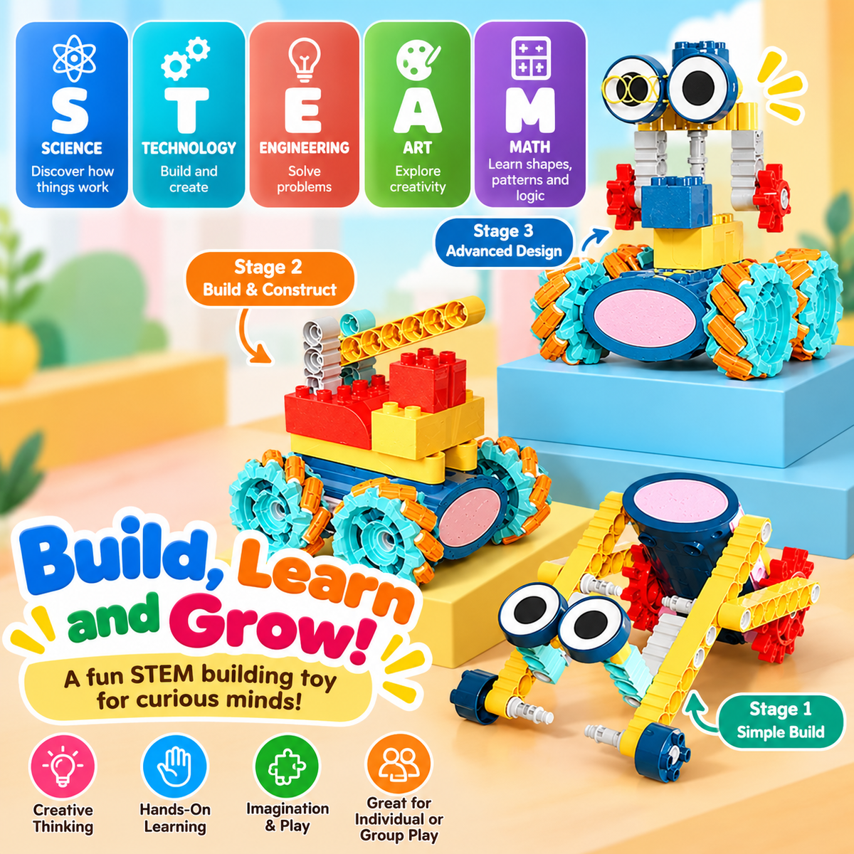 Front view of a large-brick construction set with connected building pieces.