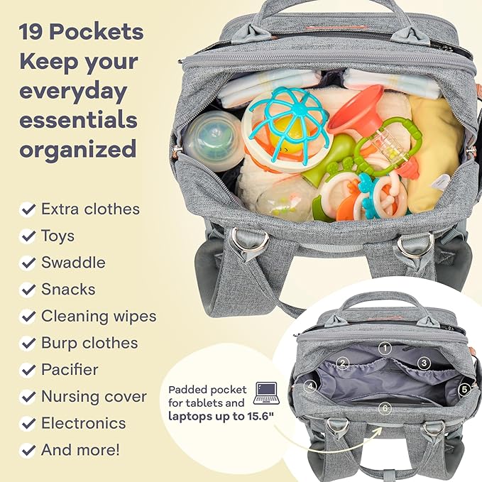 Interior view of an open diaper backpack showing organized pockets filled with baby essentials