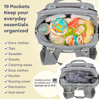 Interior view of an open diaper backpack showing organized pockets filled with baby essentials