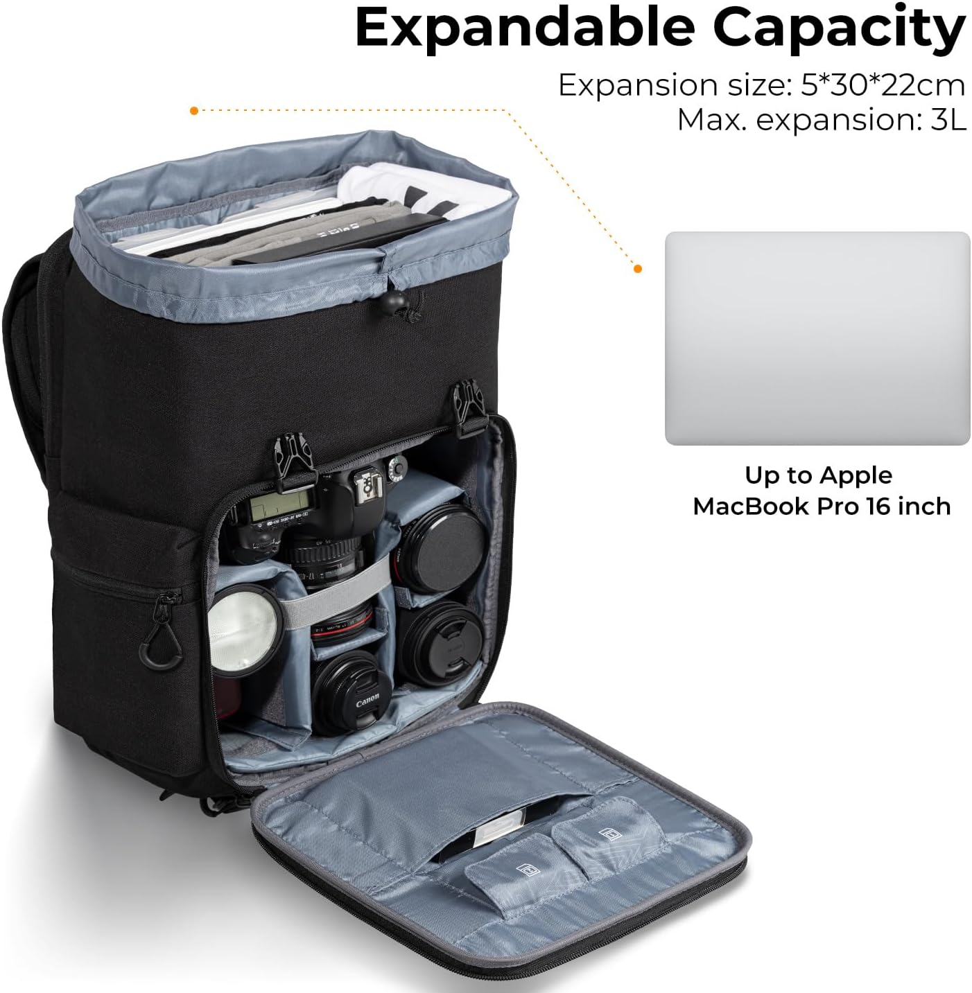 Large capacity camera gear backpack with organized storage sections
