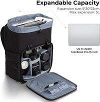 Large capacity camera gear backpack with organized storage sections