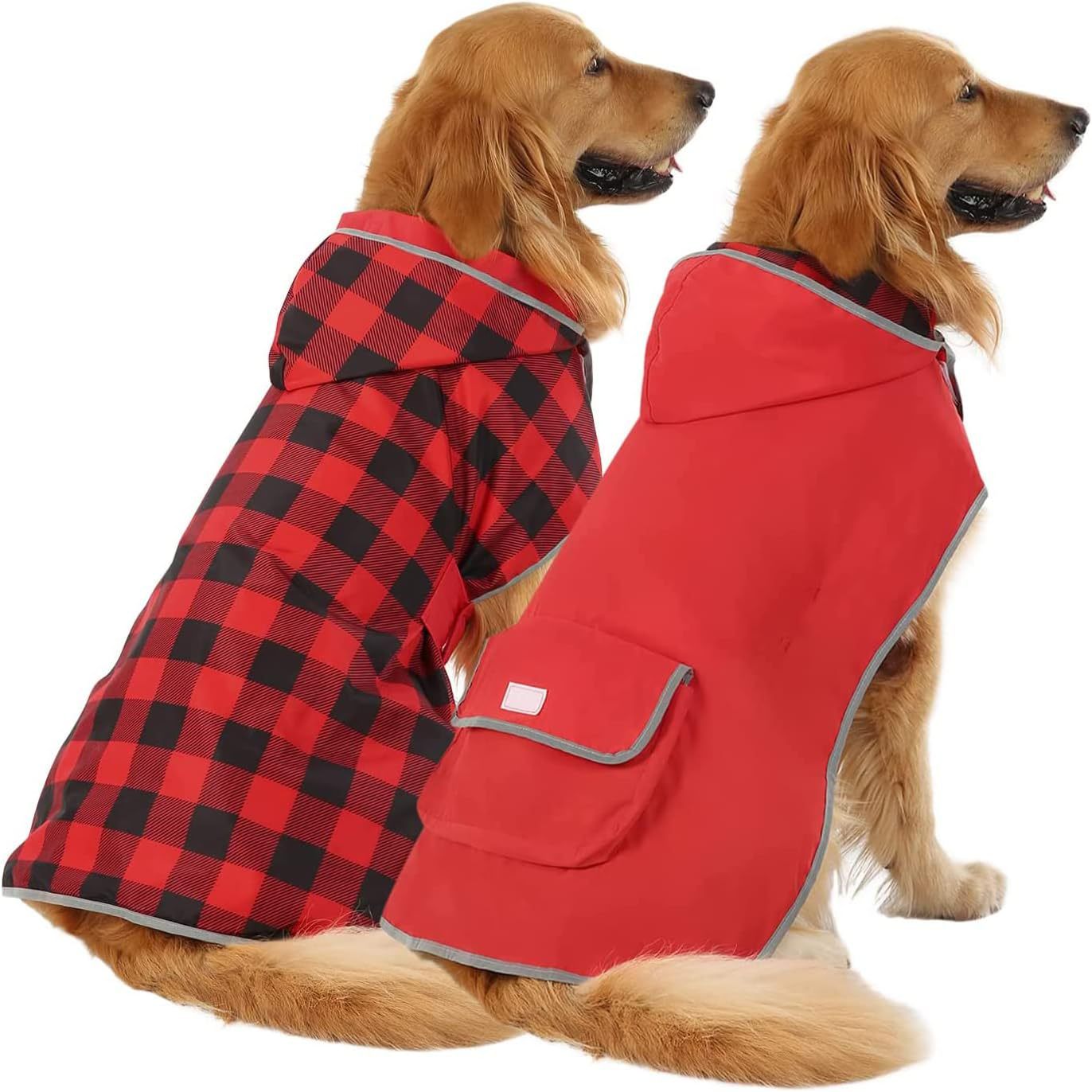 Large Dog Wearing a Hooded Rain Poncho in Camo Orange
