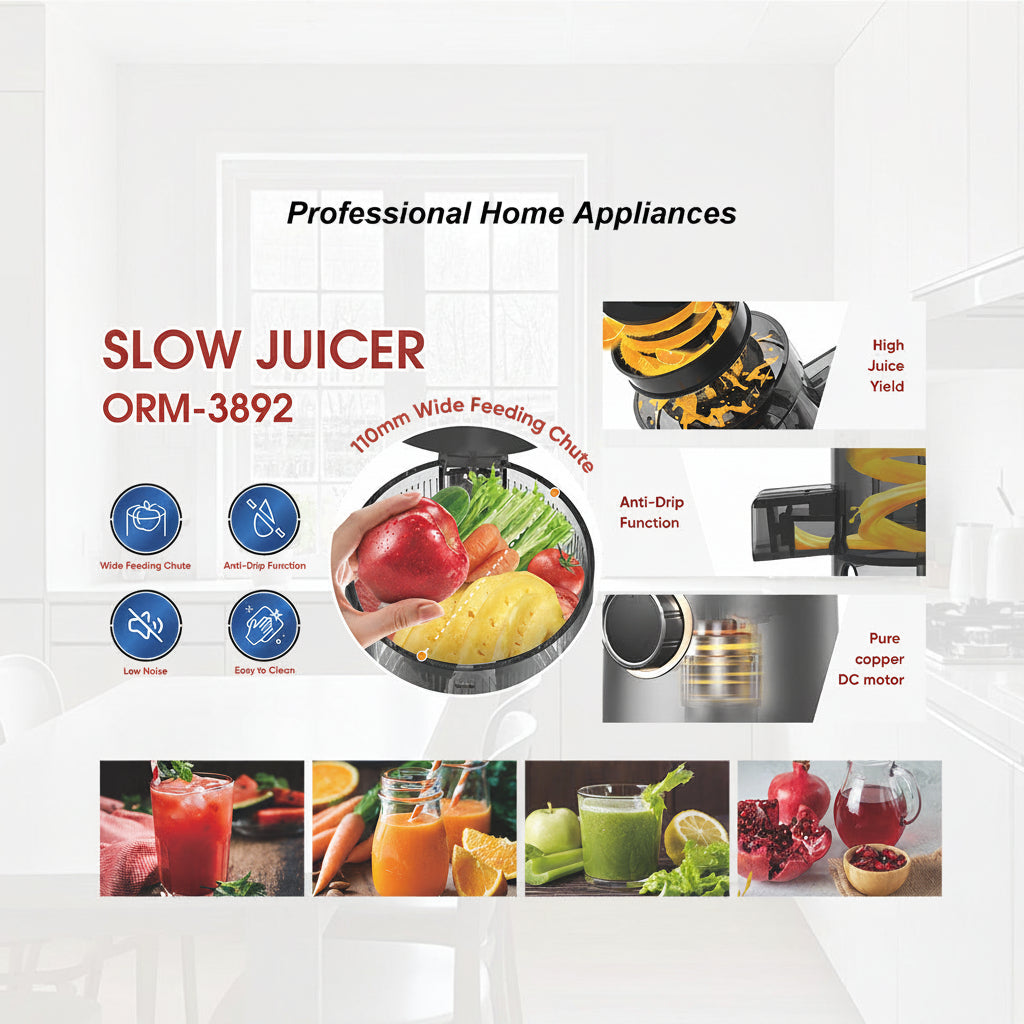 Large feed chute juicer for convenient fruit and vegetable preparation