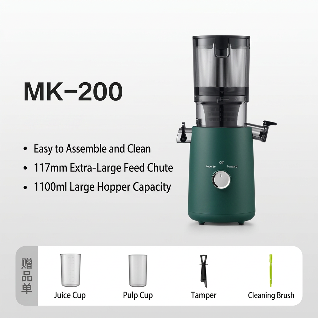 Large feed chute slow juicer for fruit and vegetable preparation