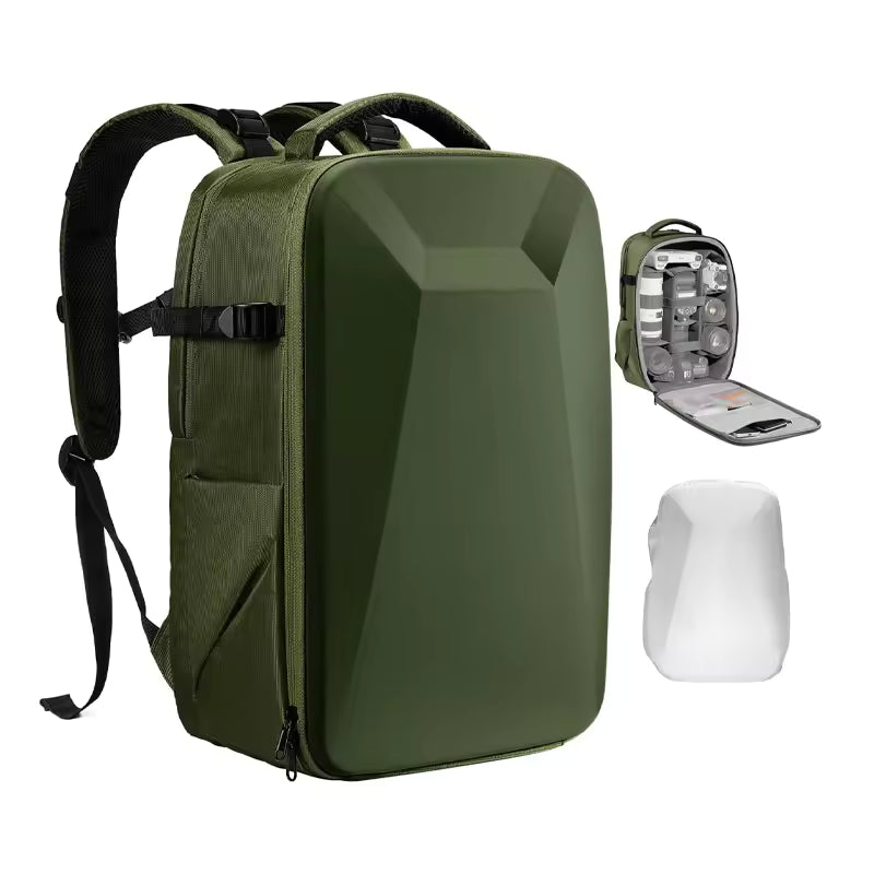 Large hardshell camera backpack with a structured outer surface