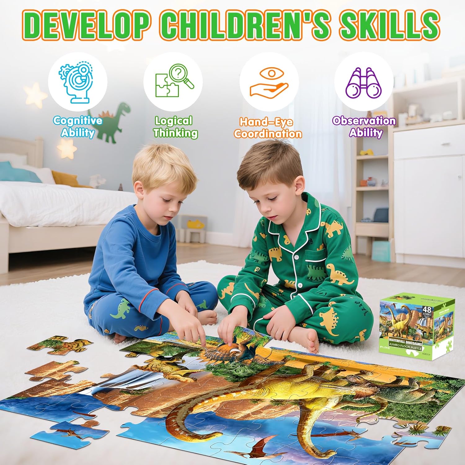 Large Piece Jigsaw Puzzle for Toddlers – 48 Pieces Waterfall Dinosaur Puzzle for Ages 3-5