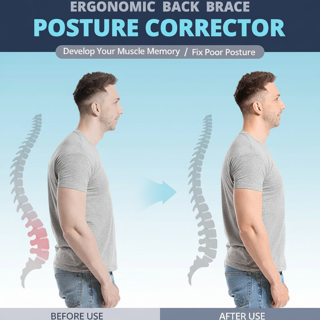 Side view of ergonomic posture corrector worn over shoulders