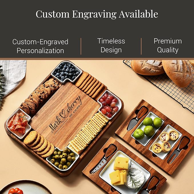 Large wooden cheese platter set with ceramic serving bowls