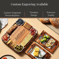 Large wooden cheese platter set with ceramic serving bowls